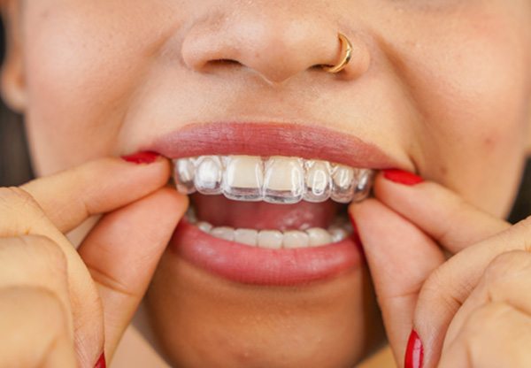 Woman putting in clear aligners