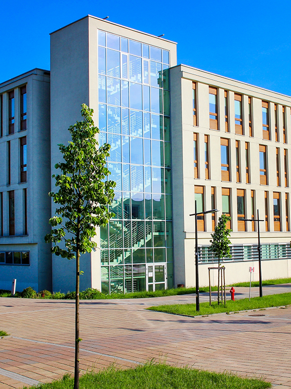 Pulled back view of university buildings
