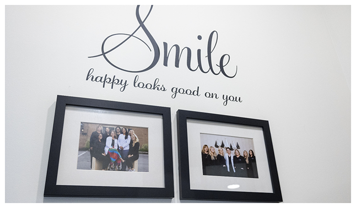 Pictures of dental team under the words Smile Happy Looks Good on You
