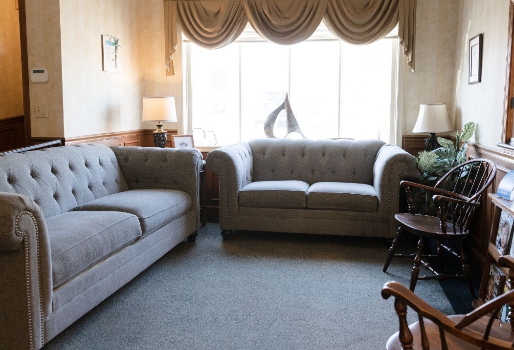 Blue couches in reception area